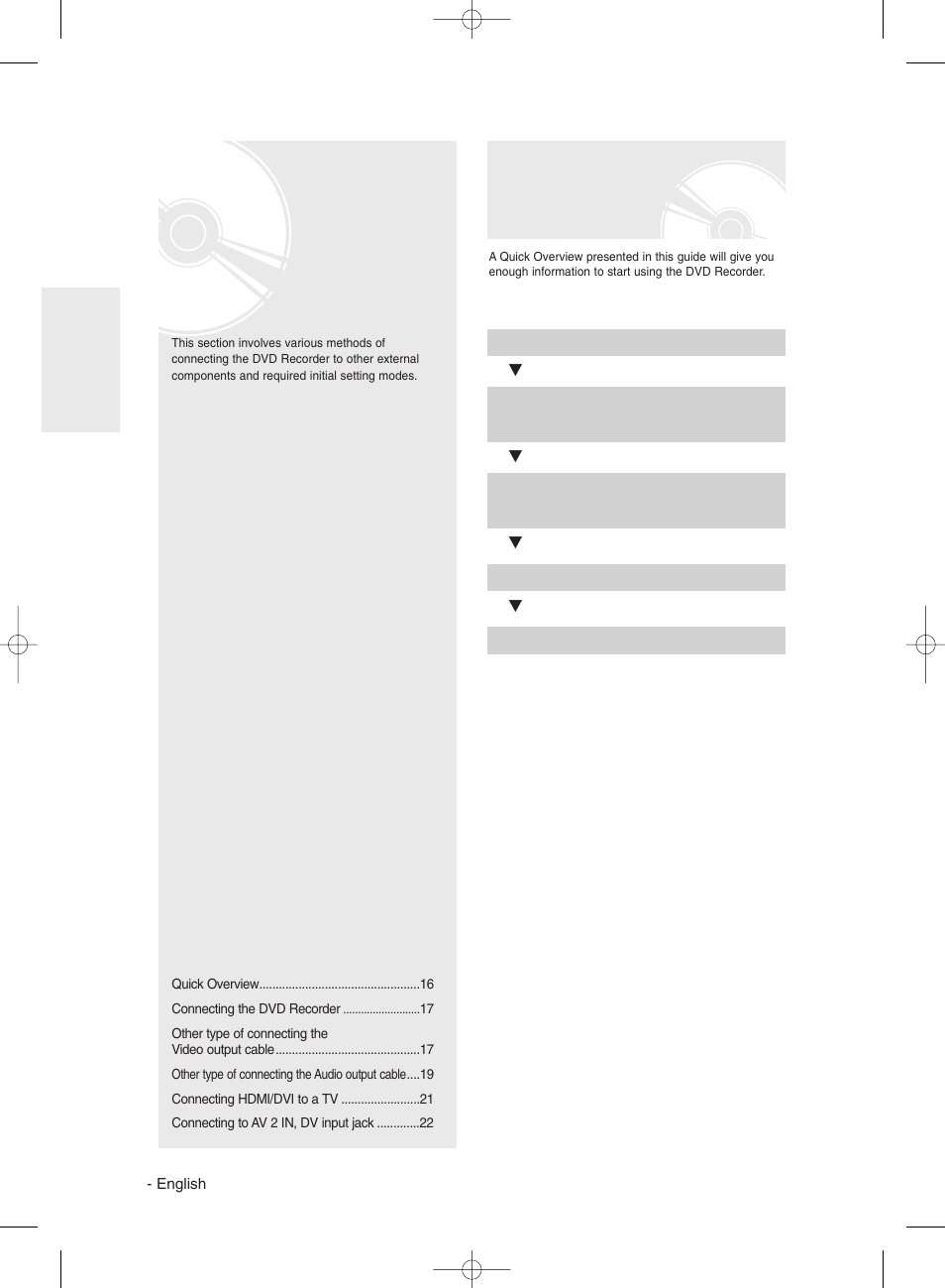 Connecting & setting up, Quick overview, Connecting & s etting up | Samsung DVD-R135 User Manual | Page 16 / 90