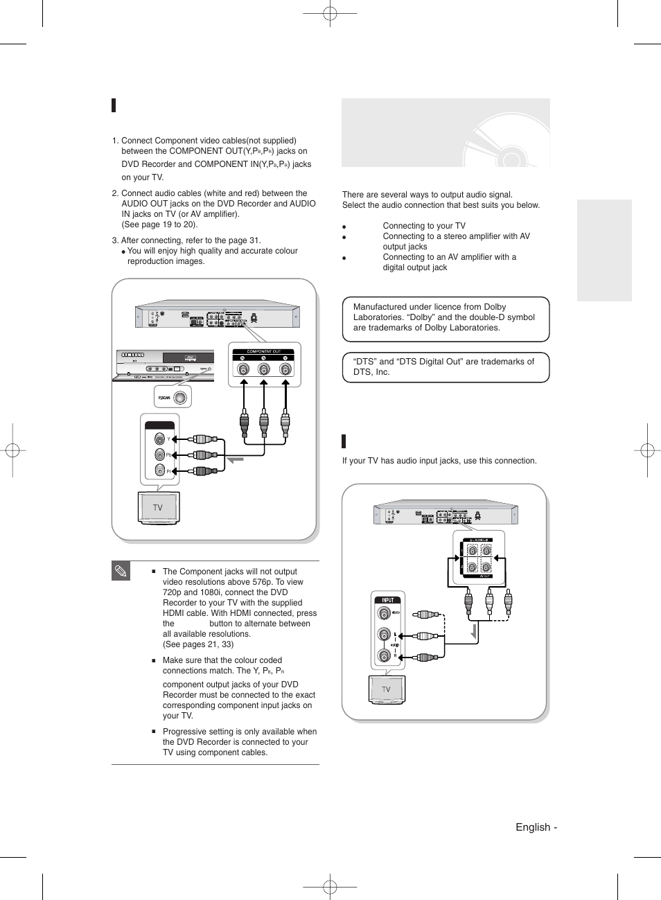 Case 3 : component video output jack, Other type of connecting the audio output cable, Case 1 : connecting to your tv | Case 3 : component video output jacks, English | Samsung DVD-R135 User Manual | Page 19 / 90