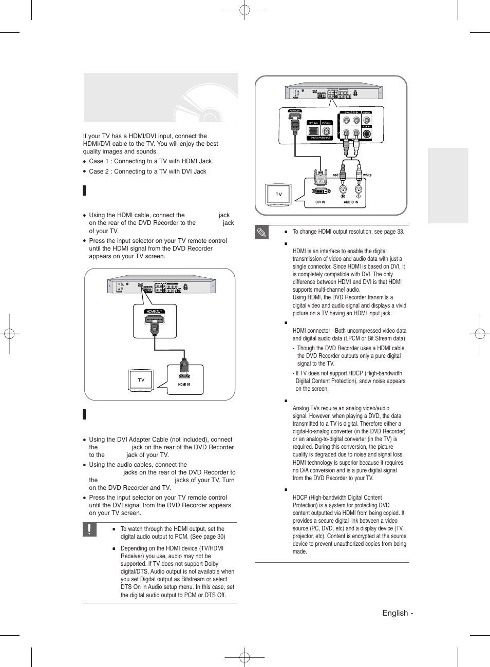 Connecting hdmi/dvi to a tv, Case 1 : connecting to a tv with hdmi jack, Case 2 : connecting to a tv with dvi jack | English | Samsung DVD-R135 User Manual | Page 21 / 90