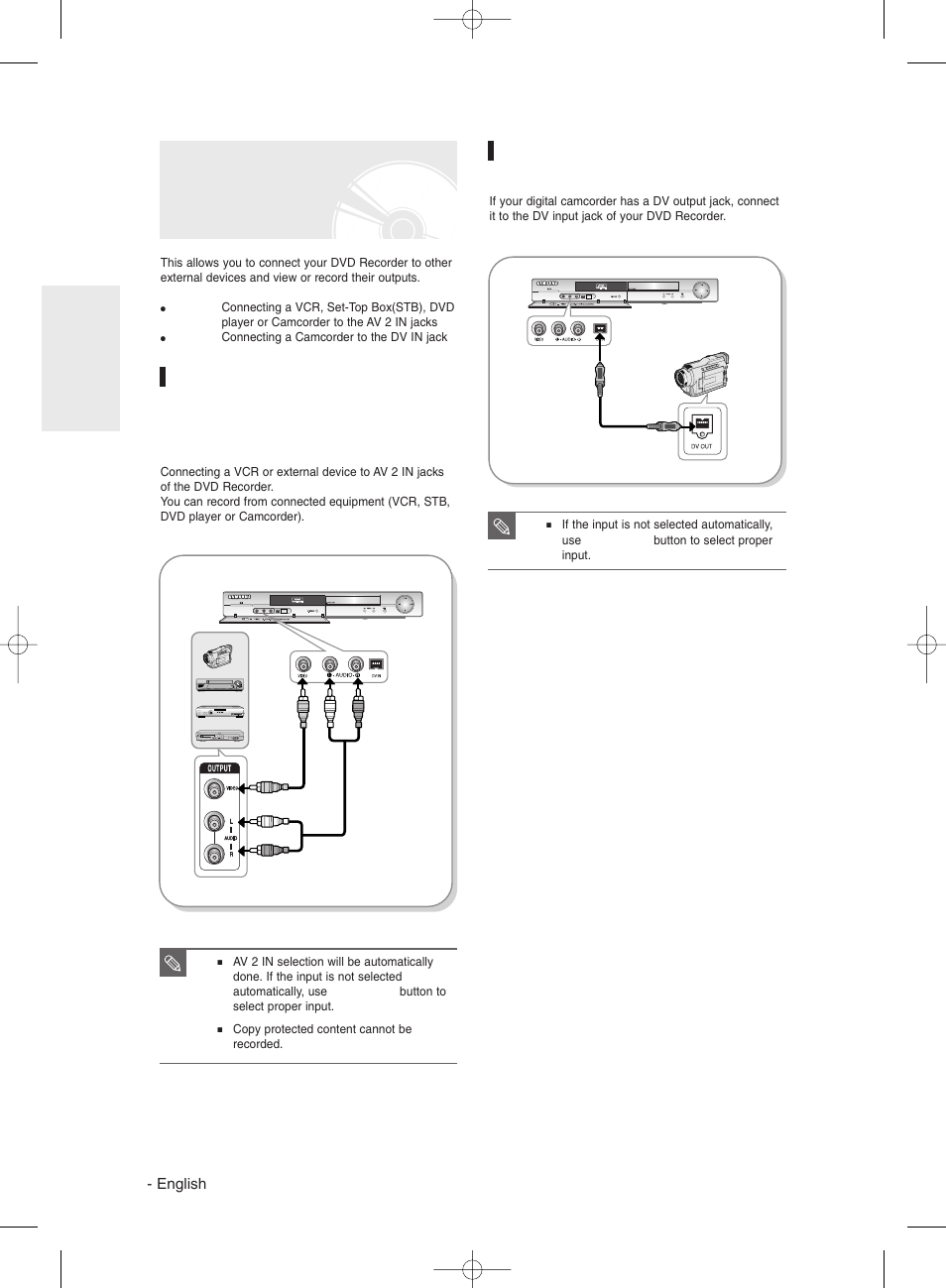 Connecting to av 2 in, dv input jack, Case 2 : connecting a camcorder to the dv in jack, English | Samsung DVD-R135 User Manual | Page 22 / 90