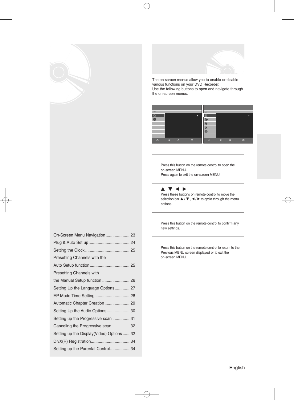 System setup, On-screen menu navigation | Samsung DVD-R135 User Manual | Page 23 / 90