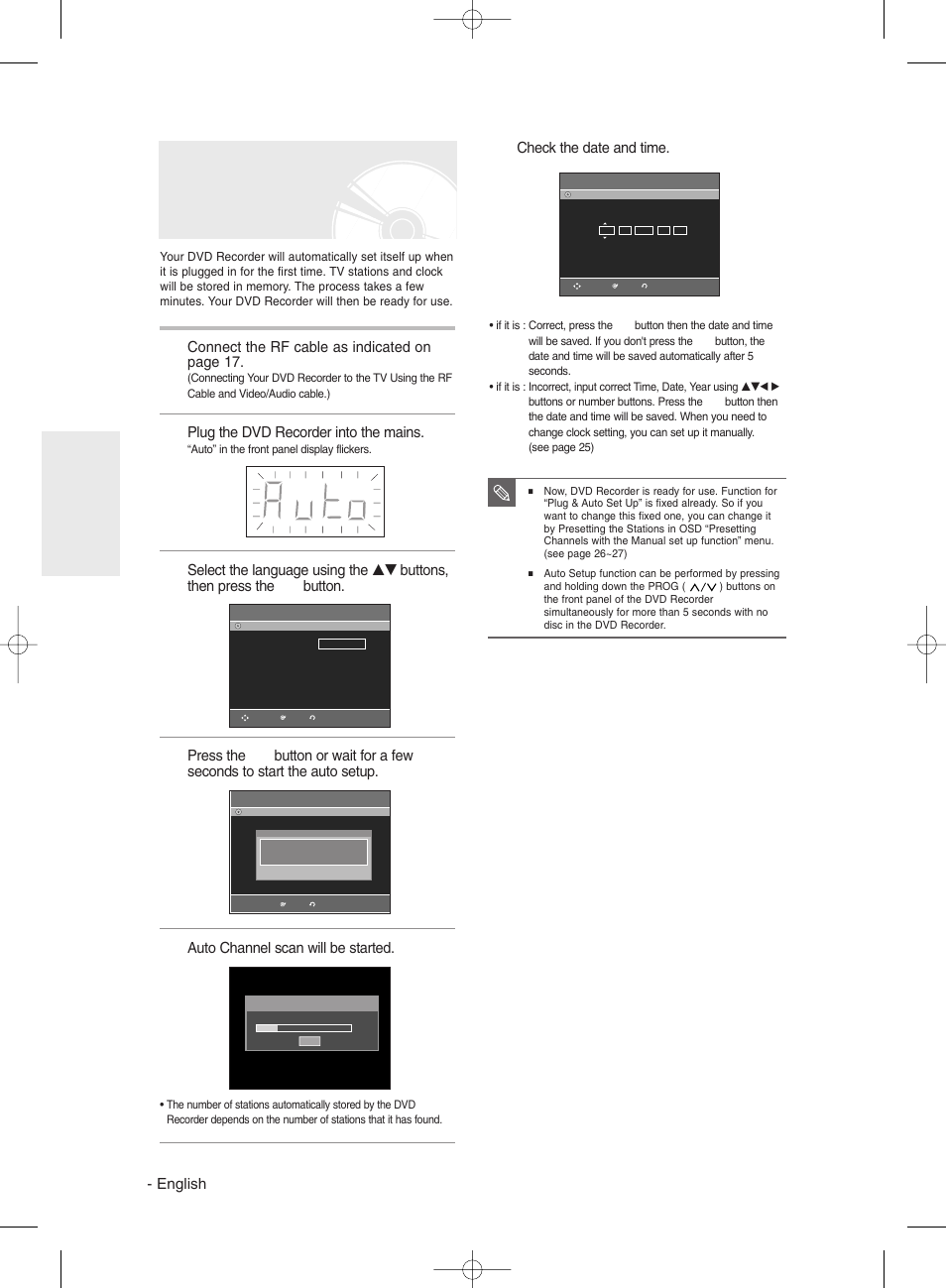 Plug & auto set up, English, Connect the rf cable as indicated on page 17 | Plug the dvd recorder into the mains, Auto channel scan will be started, Check the date and time | Samsung DVD-R135 User Manual | Page 24 / 90