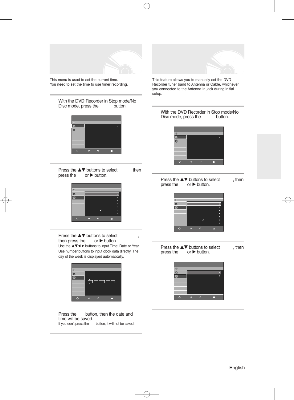 Setting the clock, Presetting channels with the auto setup function, English | System setup | Samsung DVD-R135 User Manual | Page 25 / 90