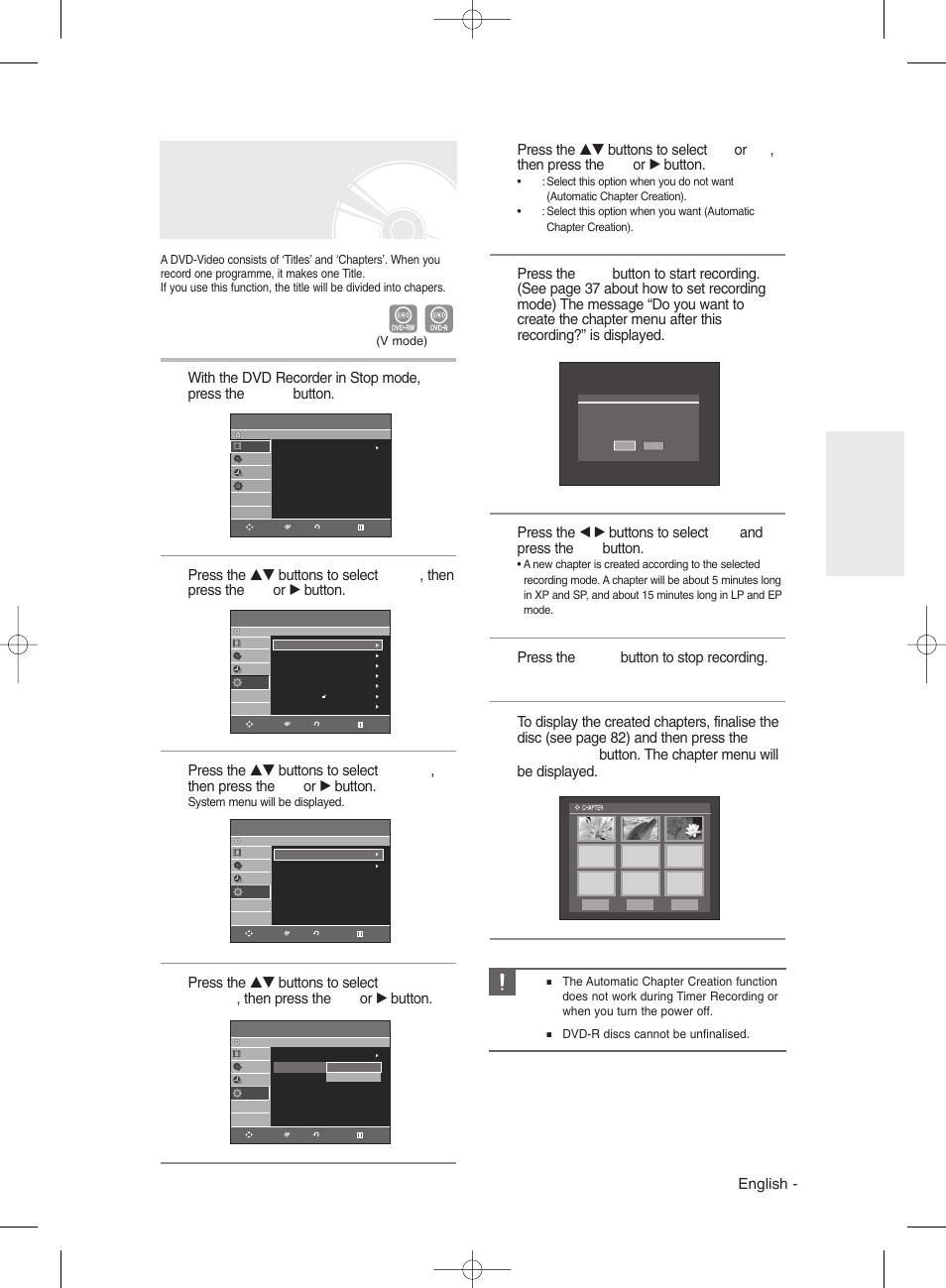 Automatic chapter creation, English, Press the stop button to stop recording | Samsung DVD-R135 User Manual | Page 29 / 90