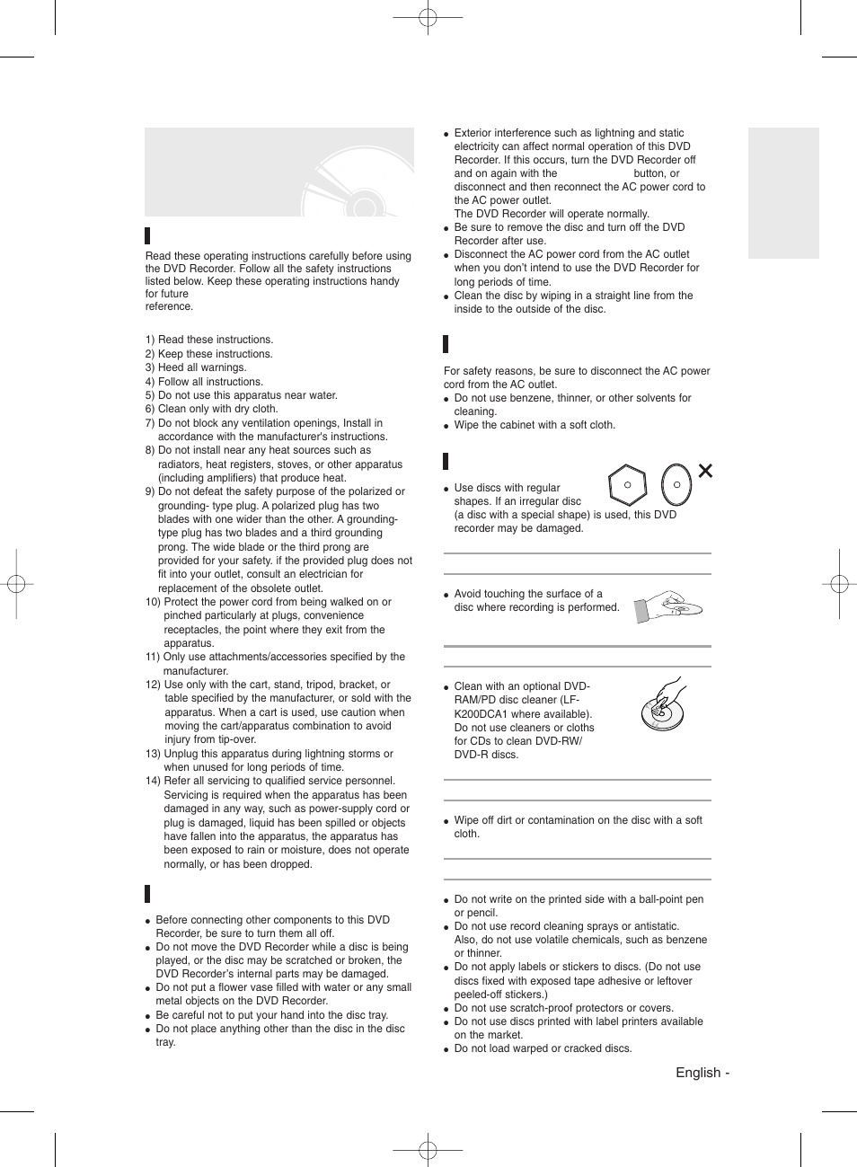 Precaution, Important safety instructions, Handling cautions | Maintenance of cabinet, Disc handling, Holding discs, Dvd-rw and dvd-r, Dvd-video, audio cd, Cautions on handling discs, English | Samsung DVD-R135 User Manual | Page 3 / 90