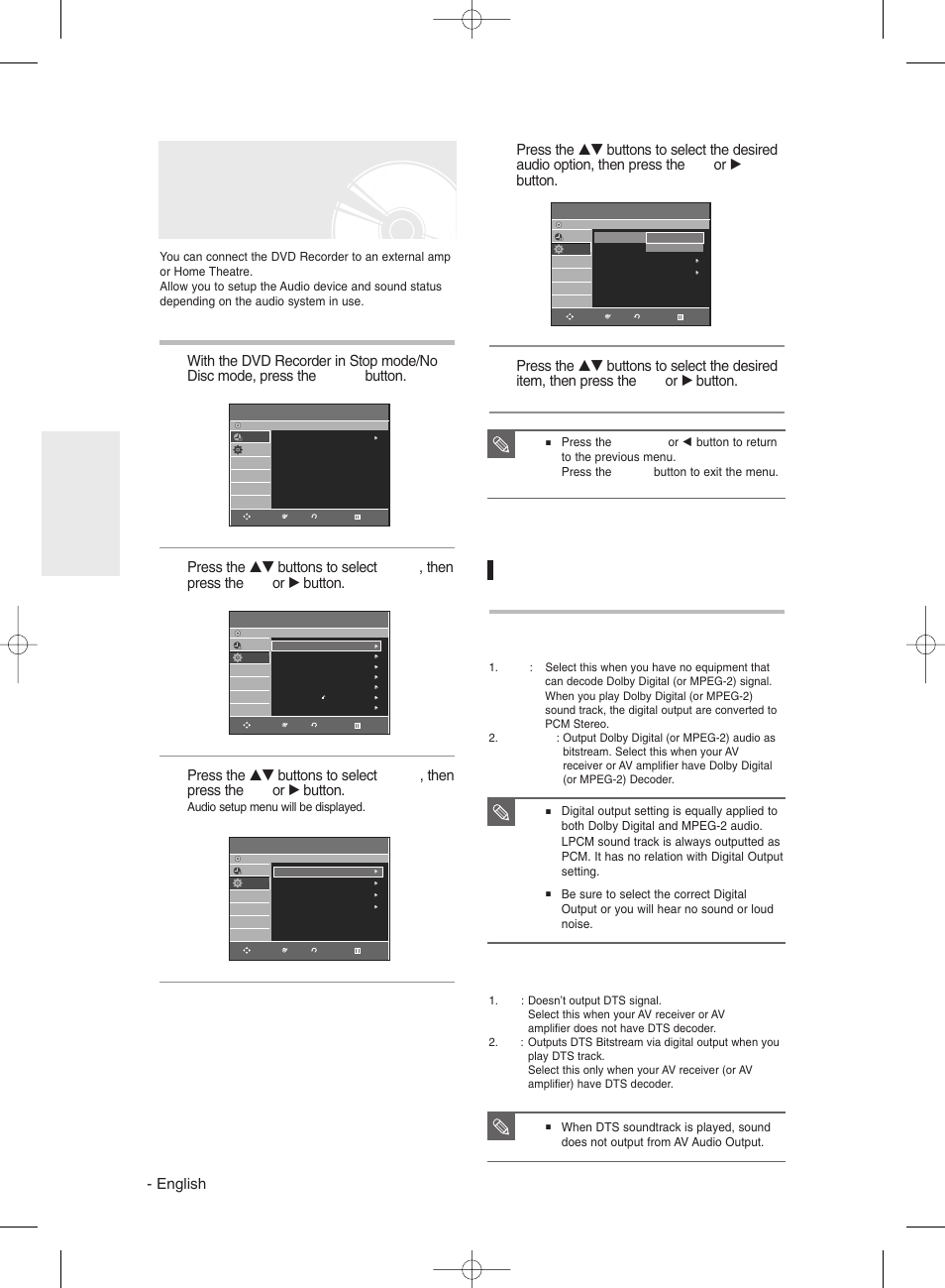 Setting up the audio options, Audio options, English | System setup | Samsung DVD-R135 User Manual | Page 30 / 90