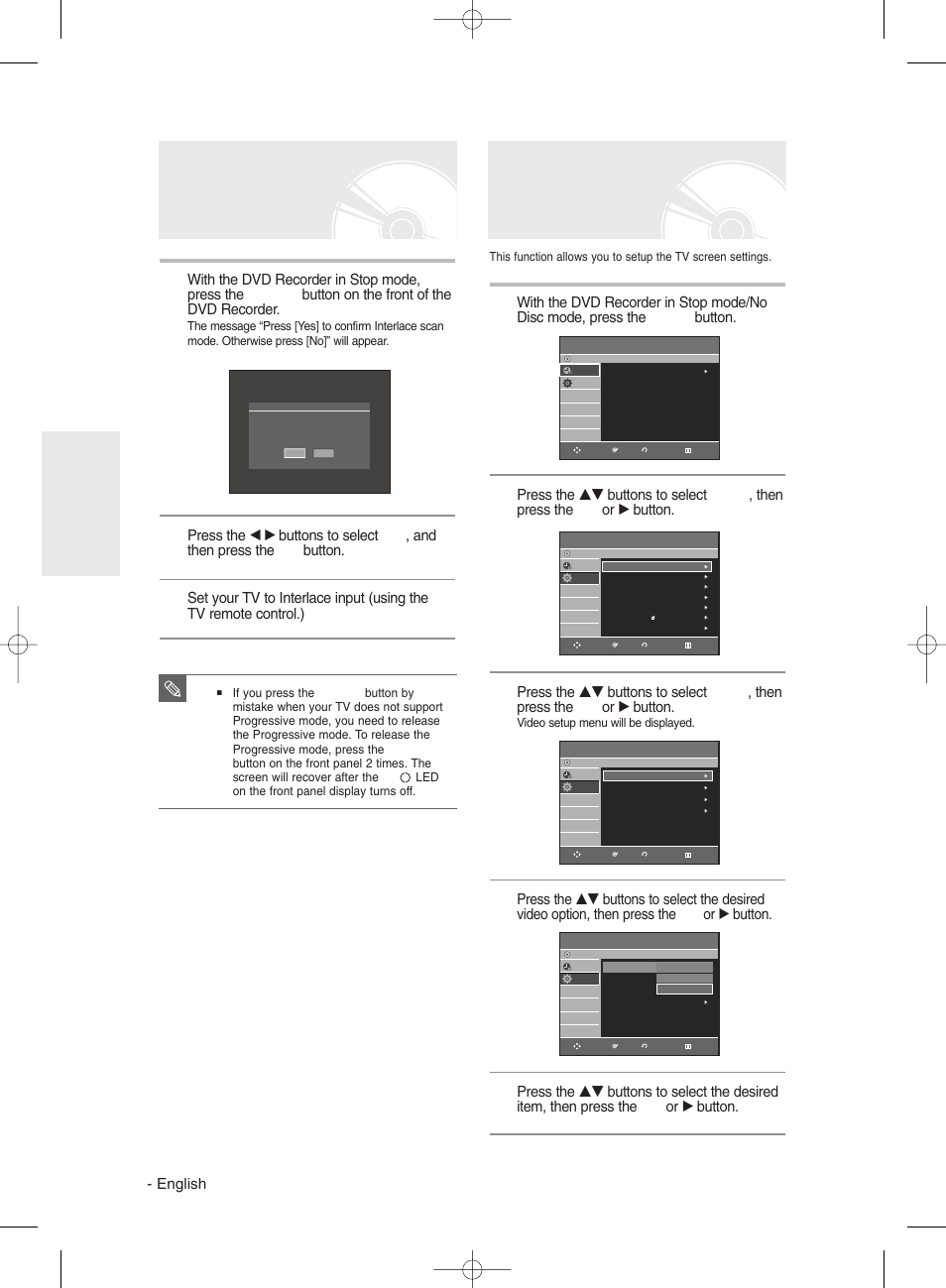 Canceling the progressive scan, Setting up the display(video) options, English | Samsung DVD-R135 User Manual | Page 32 / 90