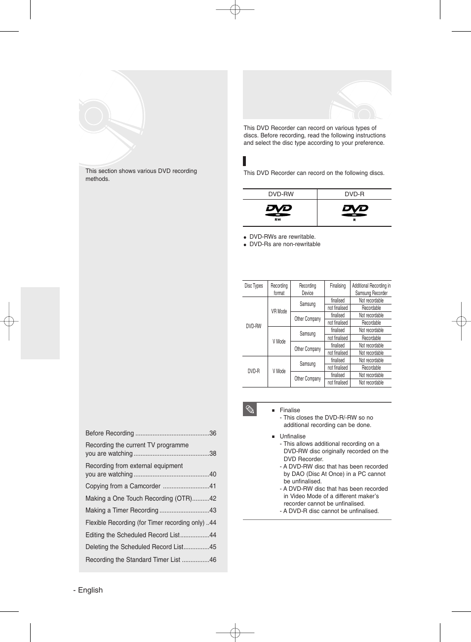 Recording, Before recording, Recordable discs | Samsung DVD-R135 User Manual | Page 36 / 90