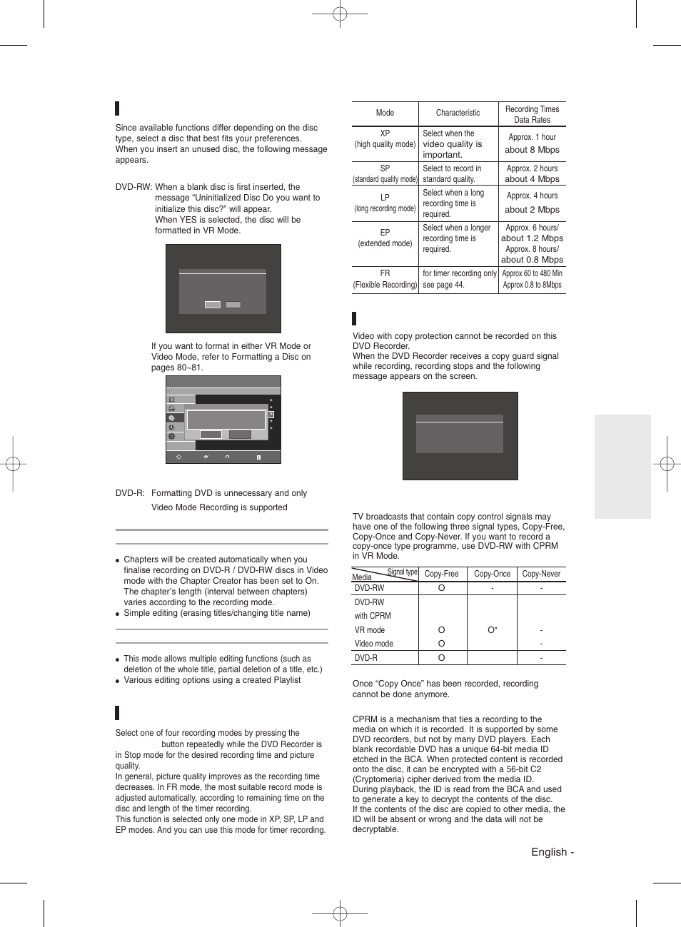 Recording formats, Recording mode, Unrecordable video | English, Concerning copy control signals | Samsung DVD-R135 User Manual | Page 37 / 90