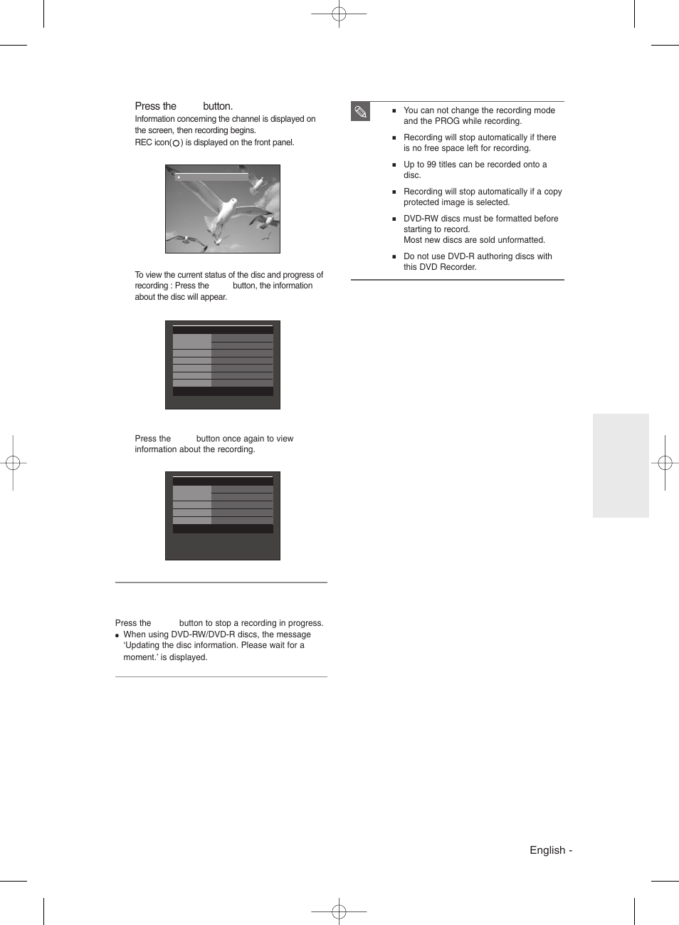 English, Press the rec button | Samsung DVD-R135 User Manual | Page 39 / 90