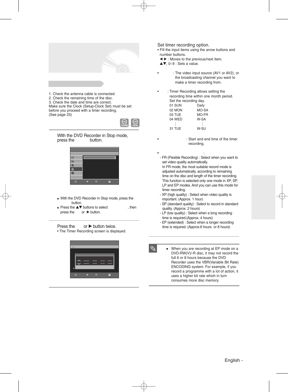 Making a timer recording, English, Set timer recording option | Press the ok or √ button twice | Samsung DVD-R135 User Manual | Page 43 / 90