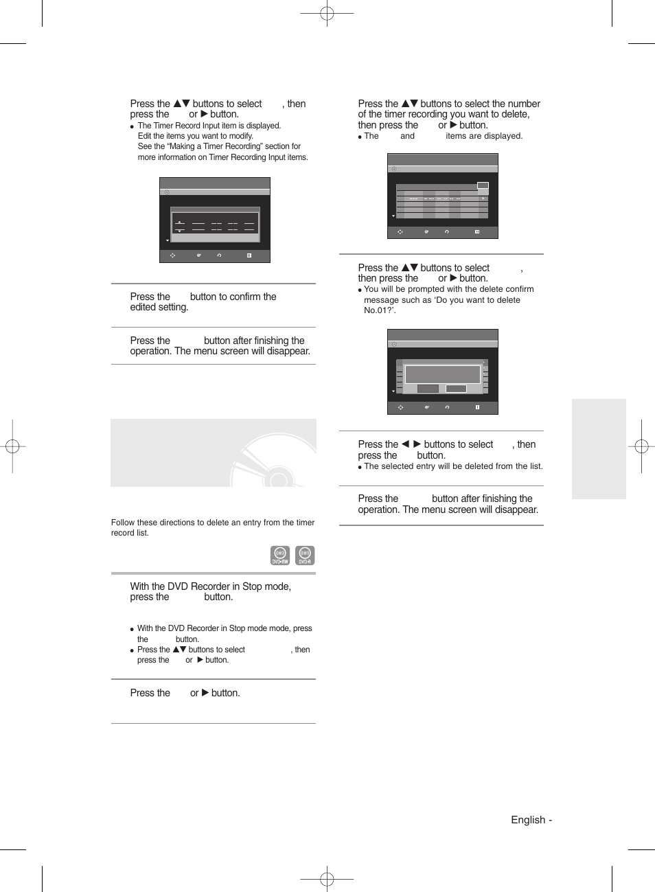Deleting the scheduled record list, English, Press the ok button to confirm the edited setting | Press the ok or √ button | Samsung DVD-R135 User Manual | Page 45 / 90
