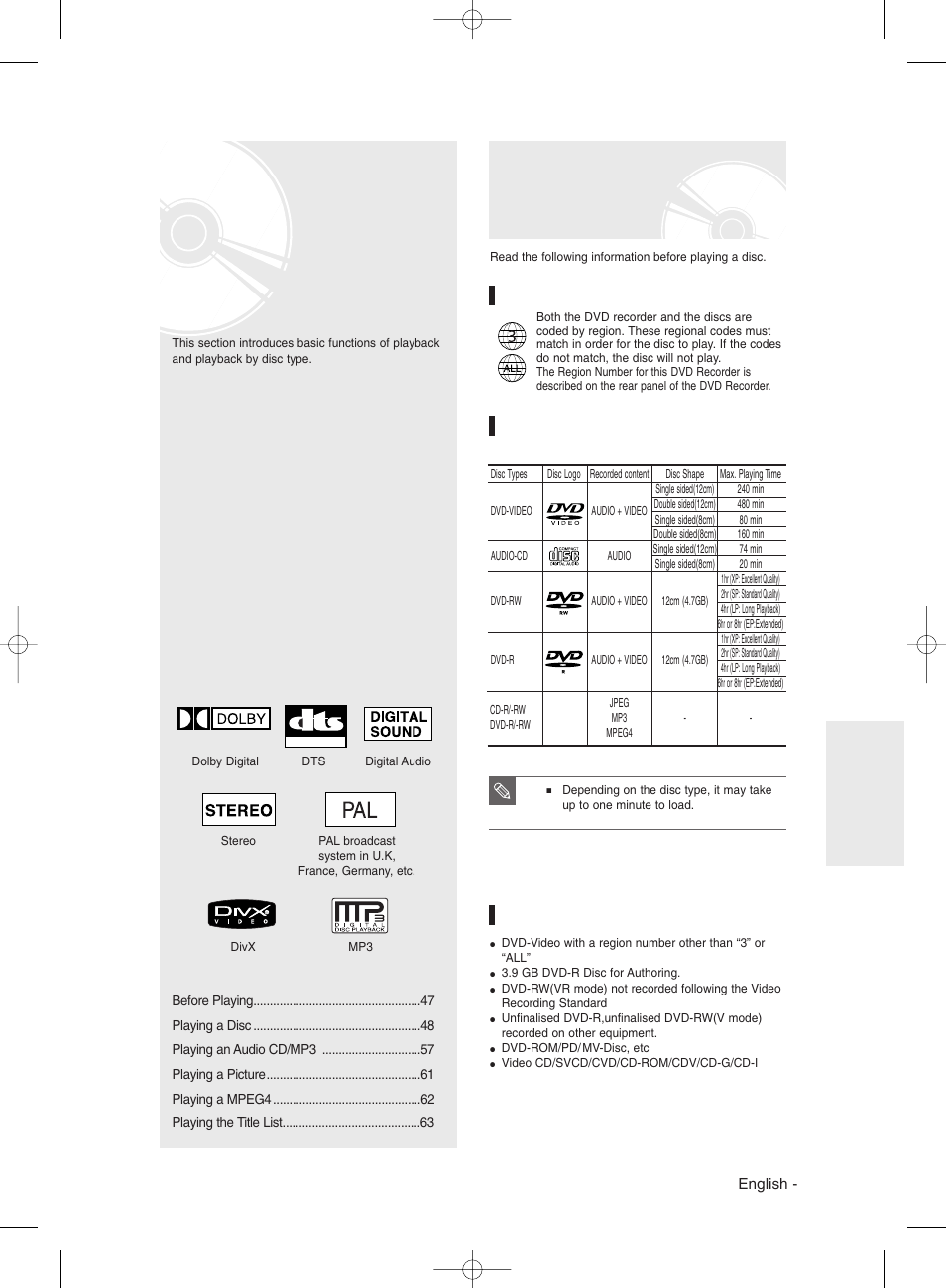 Playback, Before playing, Region code (dvd-video only) | Disc types that can be played, Discs that cannot be played | Samsung DVD-R135 User Manual | Page 47 / 90