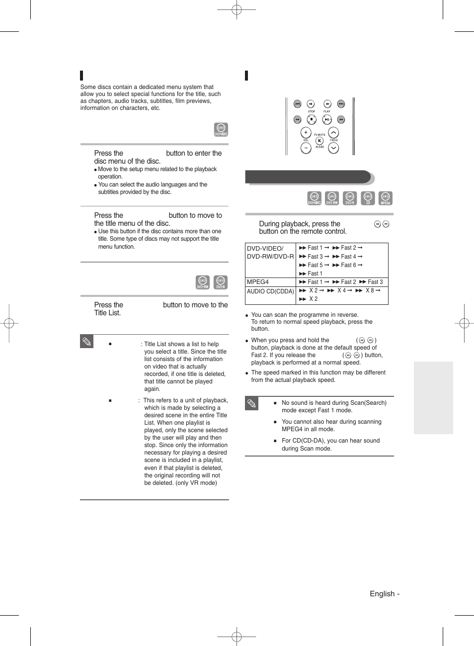 Using the disc menu & title menu, Using the search functions | Samsung DVD-R135 User Manual | Page 49 / 90