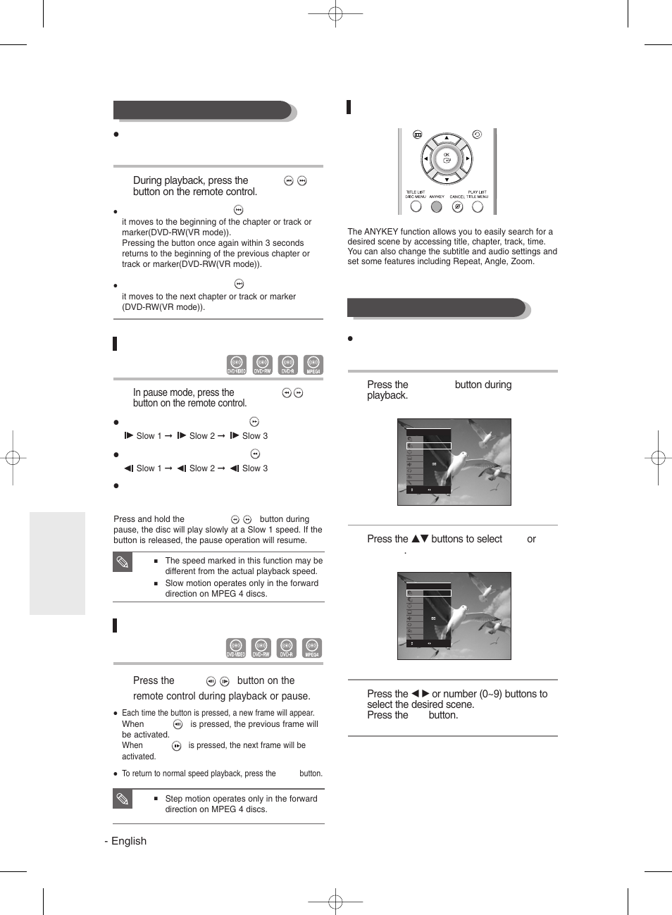 Slow motion play, Step motion play, About anykey | Samsung DVD-R135 User Manual | Page 50 / 90