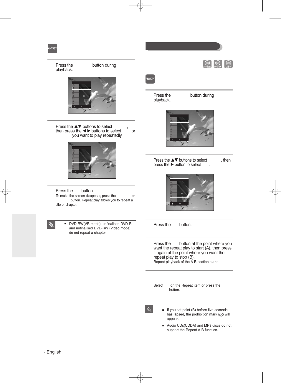 Using the, Using the anykey anykey button button, English | Press the anykey button during playback, Press the ok button | Samsung DVD-R135 User Manual | Page 52 / 90