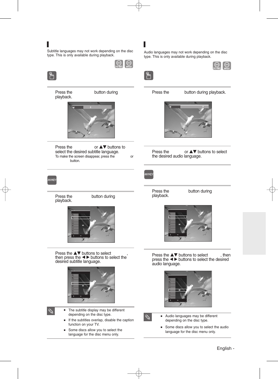 Selecting the subtitle, Selecting the audio language, Using the | Using the audio button audio button, Using the anykey anykey button button, Using the subtitle button, English, Press the audio button during playback, Press the anykey button during playback, Press the subtitle button during playback | Samsung DVD-R135 User Manual | Page 53 / 90