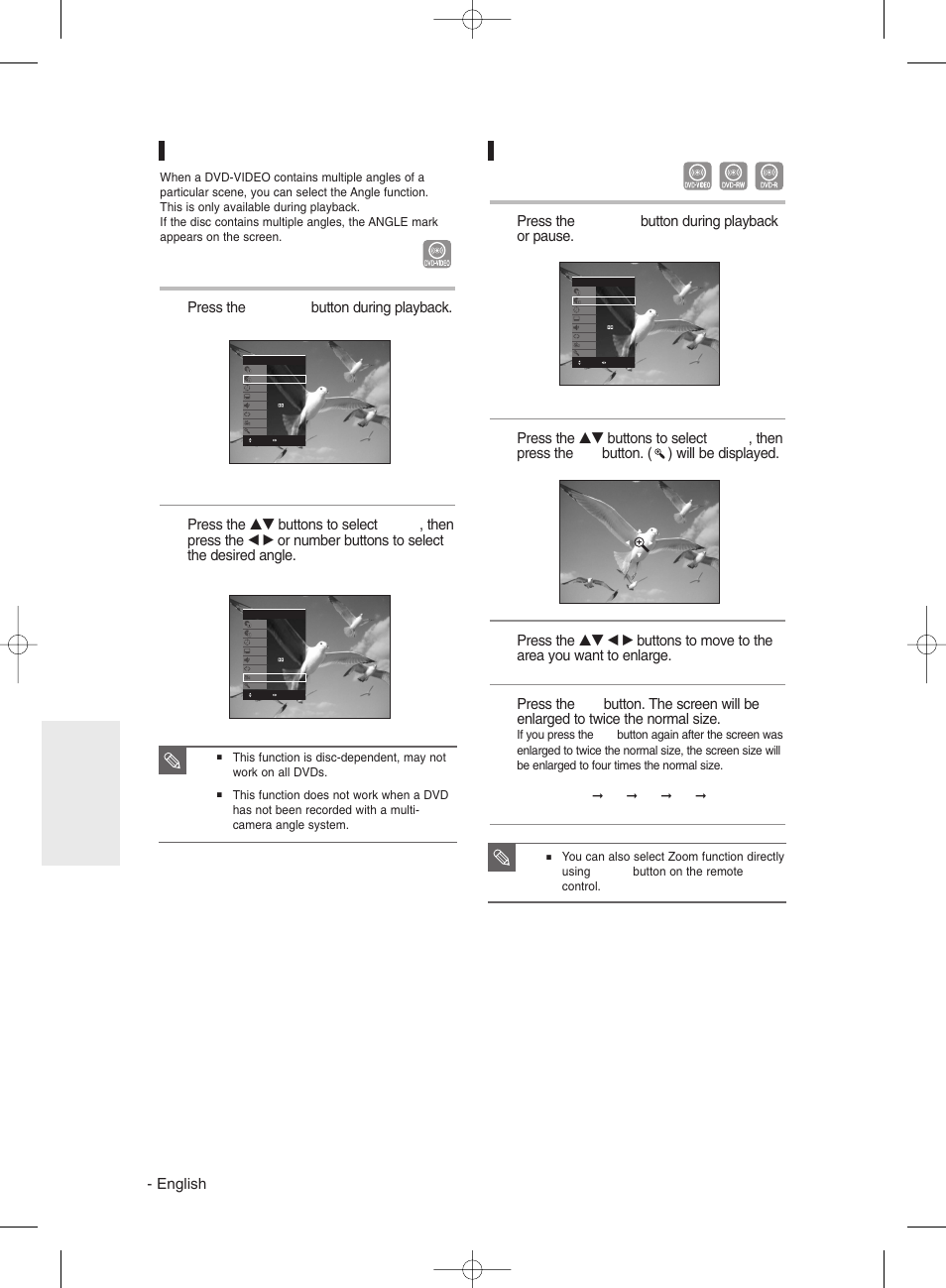 Changing the camera angle, Zooming-in, English | Press the anykey button during playback, Press the anykey button during playback or pause, Normal size | Samsung DVD-R135 User Manual | Page 54 / 90