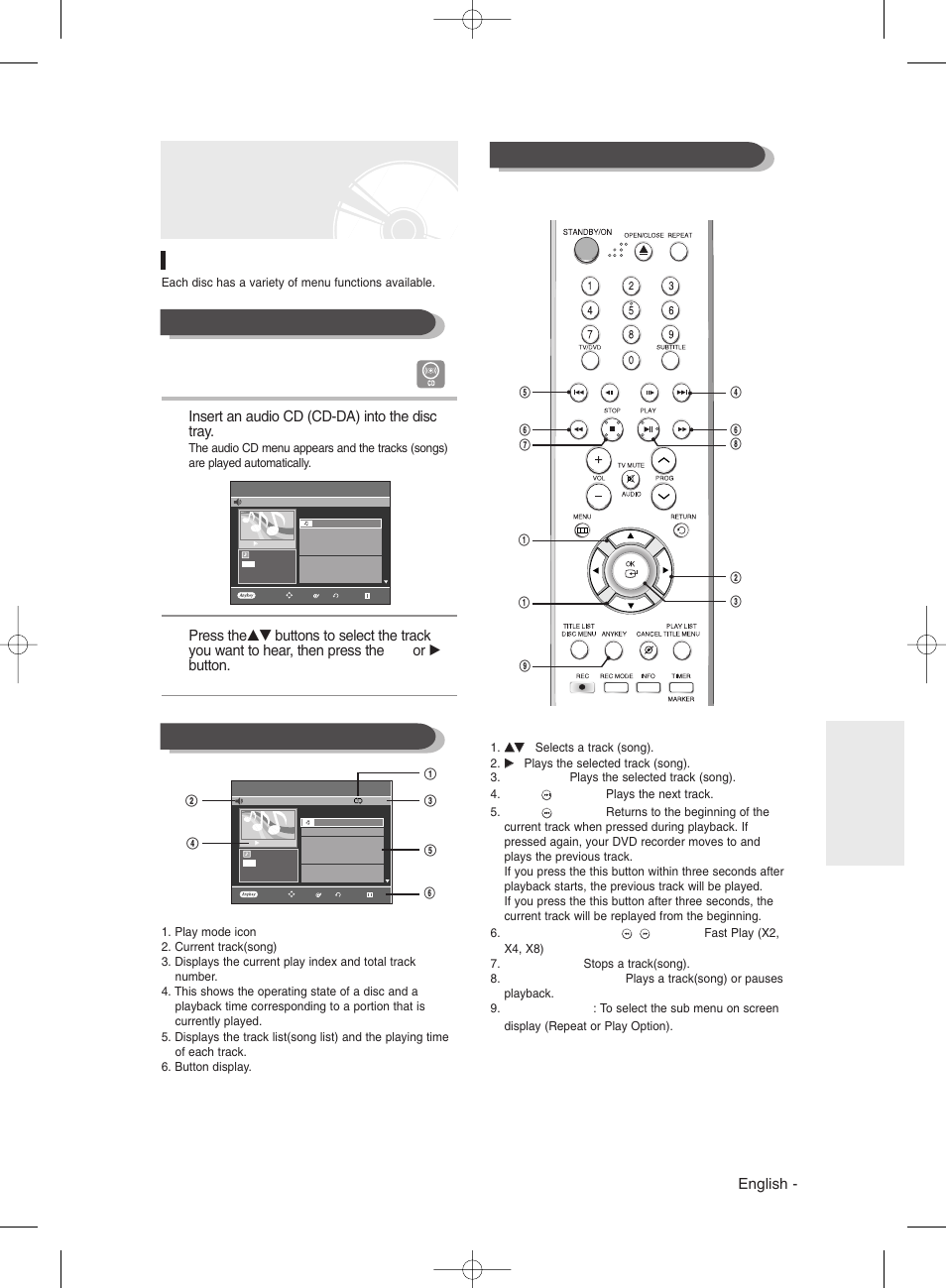 Playing an audio cd/mp3, Playing an audio cd (cd-da)/mp3, English | Insert an audio cd (cd-da) into the disc tray | Samsung DVD-R135 User Manual | Page 57 / 90
