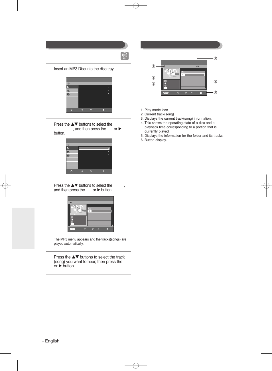 Playing an mp3 disc, Mp3 screen elements, English | Insert an mp3 disc into the disc tray, Playback | Samsung DVD-R135 User Manual | Page 58 / 90