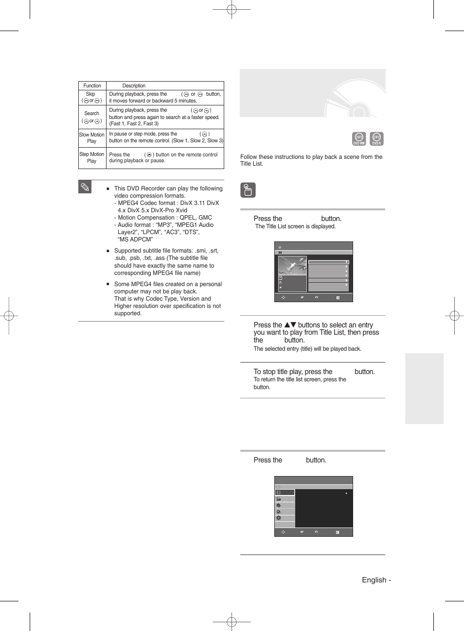 Playing the title list, Using the title list button, Using the menu button | English, Press the title list button, Press the menu button | Samsung DVD-R135 User Manual | Page 63 / 90