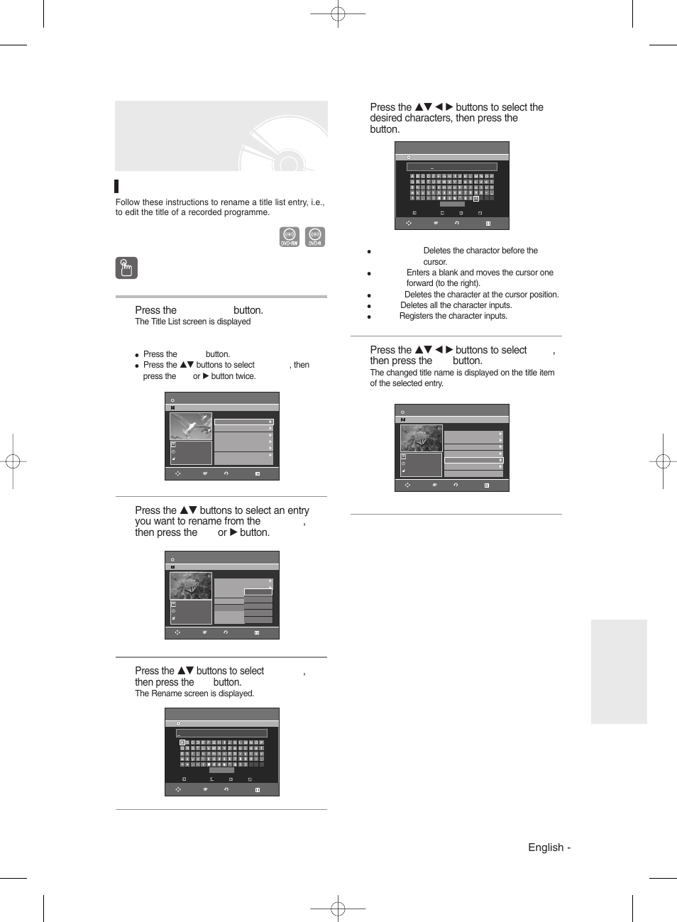 Basic editing (title list), Renaming(labeling) a title, Using the title list button | English, Press the title list button, Editing, Using the menu button | Samsung DVD-R135 User Manual | Page 67 / 90