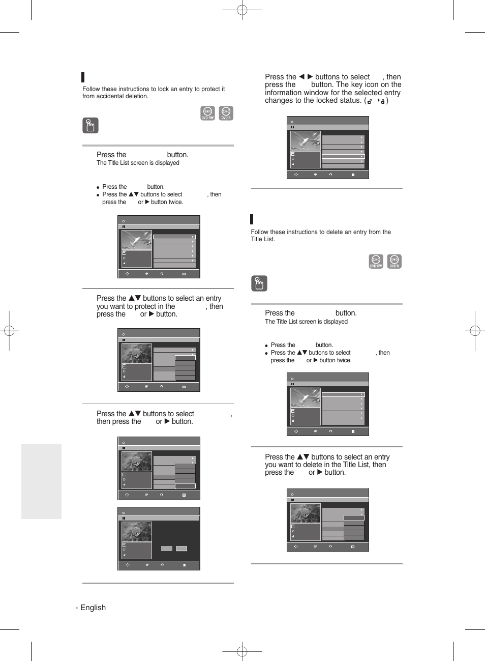 Locking(protecting) a title, Deleting a title, Using the title list button | English, Press the title list button, Editing, Using the menu button, The title list screen is displayed, Press the menu button | Samsung DVD-R135 User Manual | Page 68 / 90