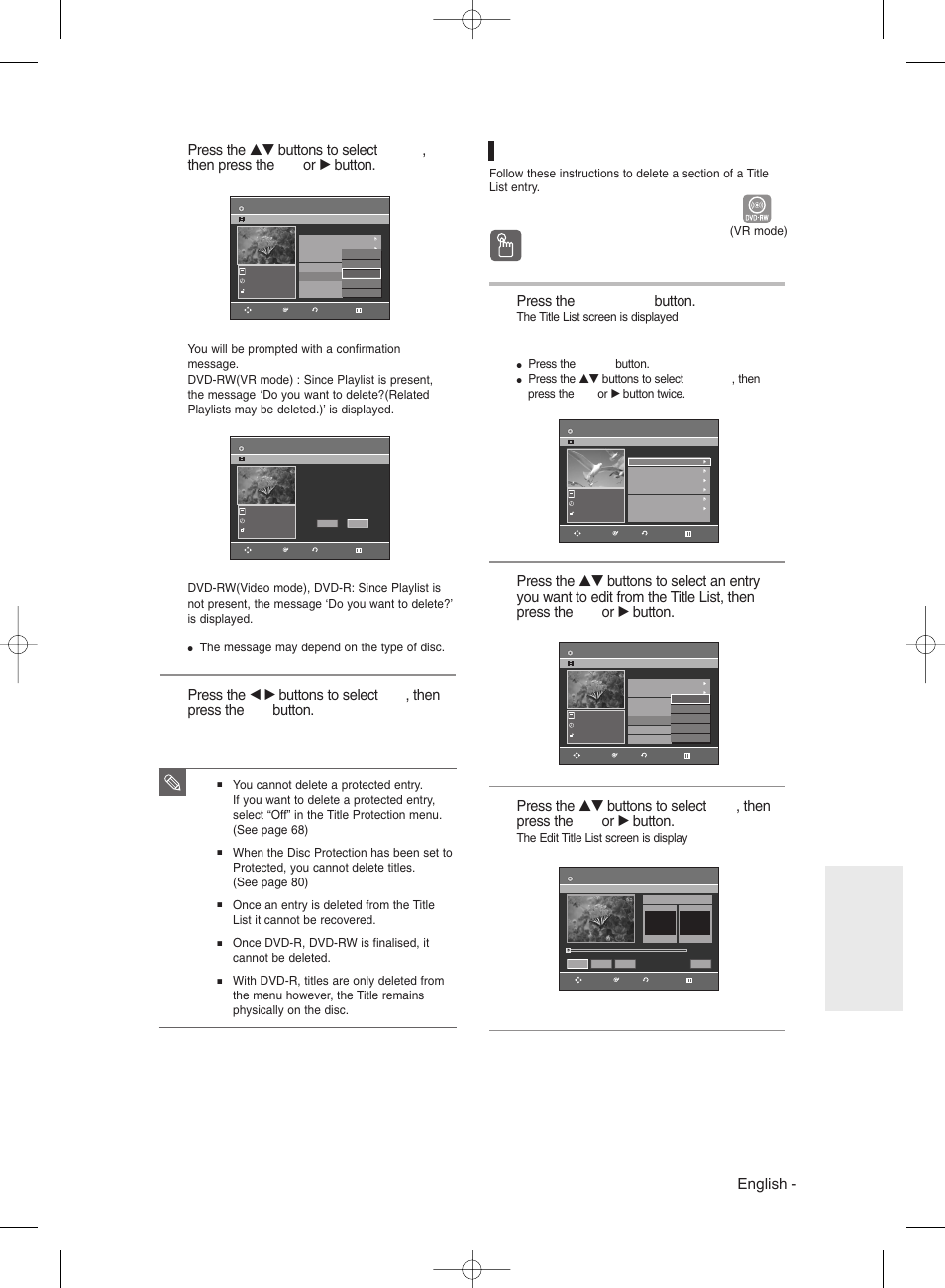 Deleting a section of a title, Using the title list button, English | Press the title list button, Editing, Using the menu button, The title list screen is displayed, Press the menu button, The edit title list screen is display, The message may depend on the type of disc | Samsung DVD-R135 User Manual | Page 69 / 90