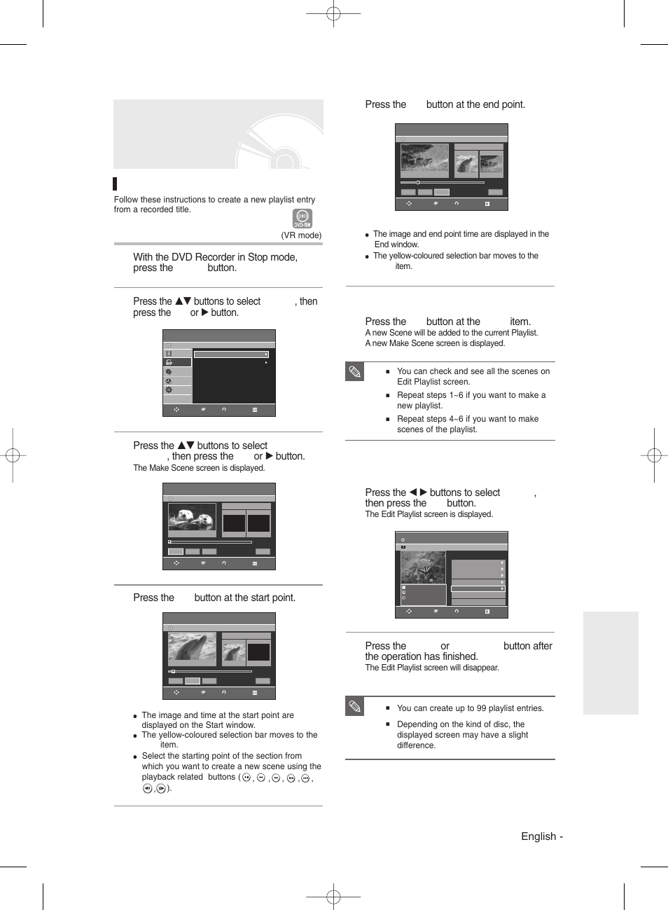 Advanced editing (playlist), Creating a playlist, English | Press the ok button at the end point, Press the ok button at the make item, Press the ok button at the start point | Samsung DVD-R135 User Manual | Page 71 / 90