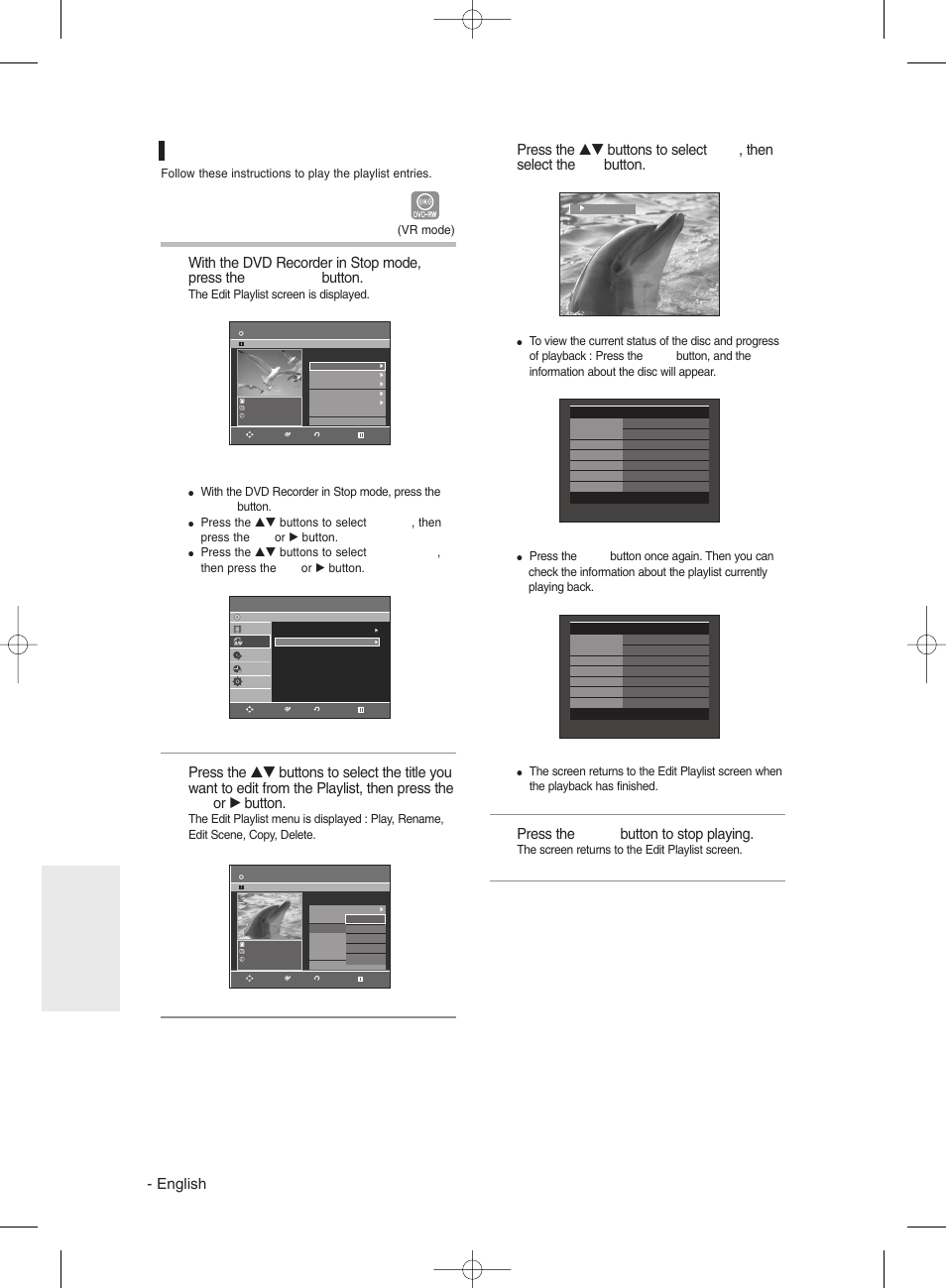 Playing entries in the playlist, English, Press the stop button to stop playing | Editing, Using the menu button | Samsung DVD-R135 User Manual | Page 72 / 90