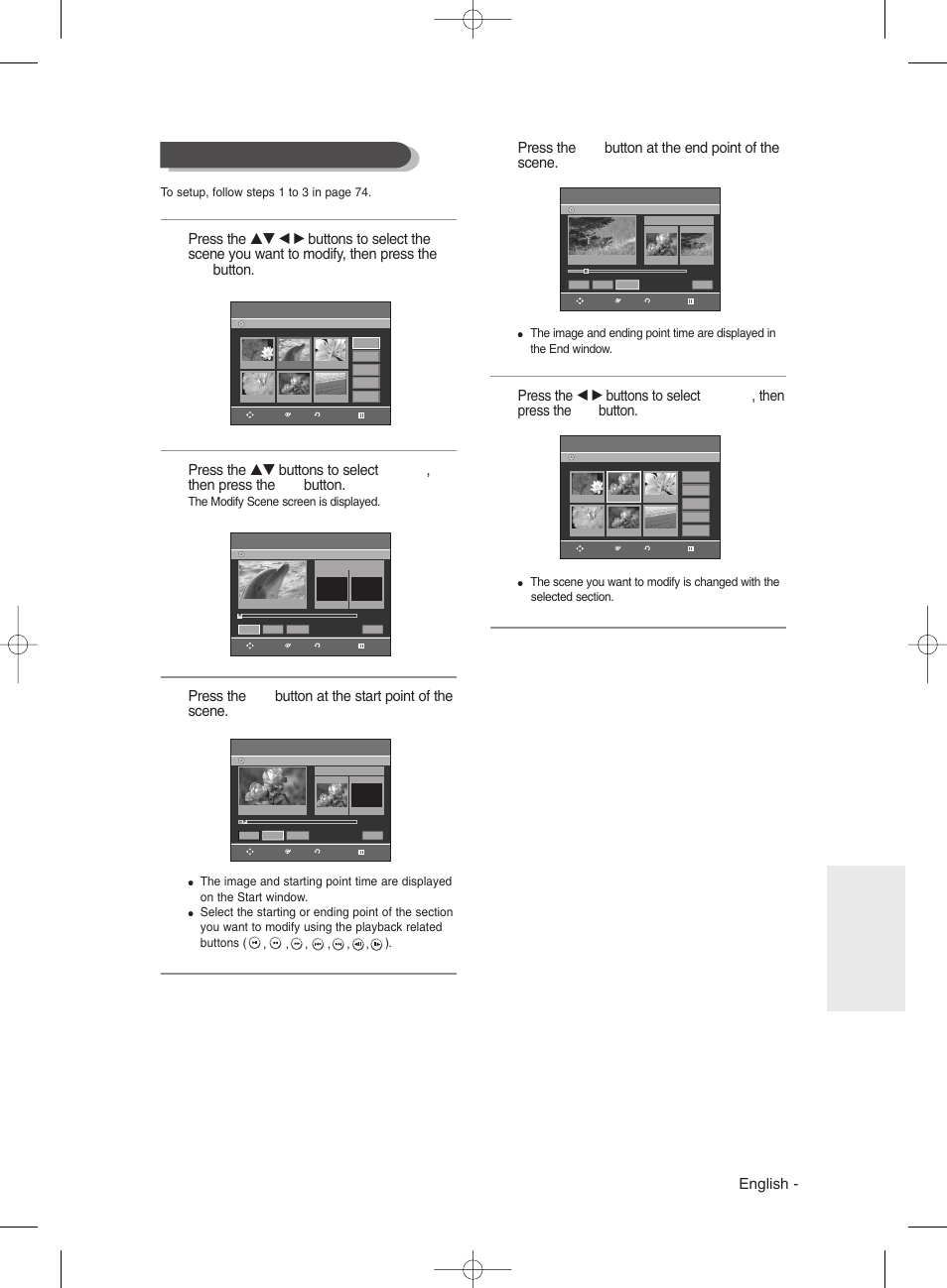 Modifying a scene (replacing a scene), English, Press the ok button at the end point of the scene | Editing | Samsung DVD-R135 User Manual | Page 75 / 90