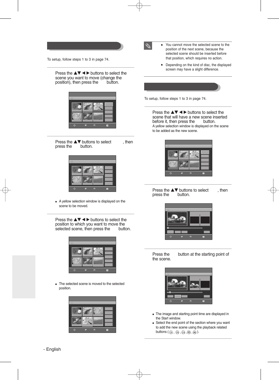 Moving a scene (changing the position of a scene), Adding a scene, English | Editing | Samsung DVD-R135 User Manual | Page 76 / 90