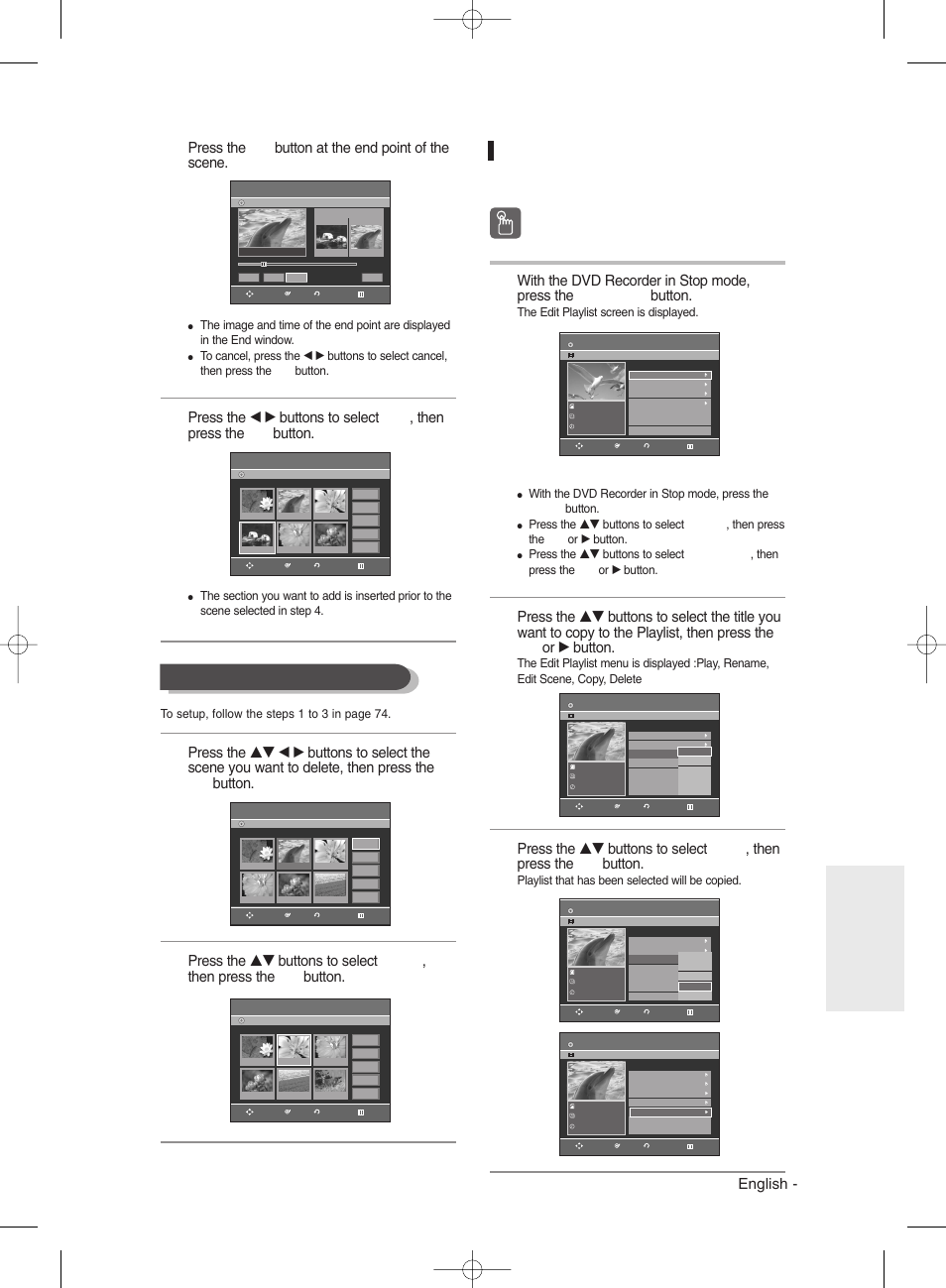 Copying a playlist entry to the playlist, Deleting a scene, Using the pla | Using the pla y y list button list button, English, Press the ok button at the end point of the scene, Editing, Using the menu button, The edit playlist screen is displayed, Playlist that has been selected will be copied | Samsung DVD-R135 User Manual | Page 77 / 90