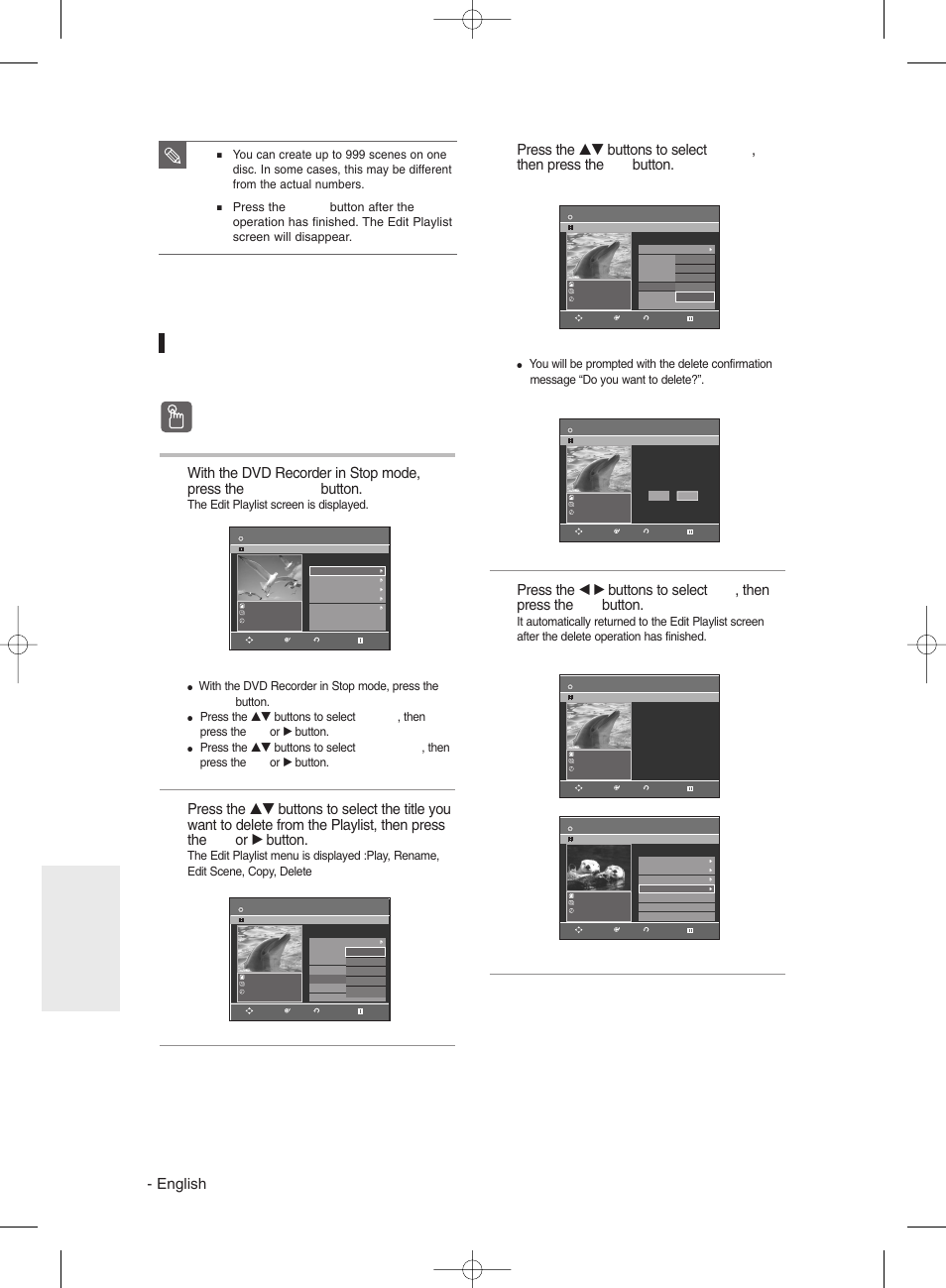 Deleting a playlist entry from the playlist, Using the pla, Using the pla ylist button ylist button | English, Editing, Using the menu button, The edit playlist screen is displayed | Samsung DVD-R135 User Manual | Page 78 / 90