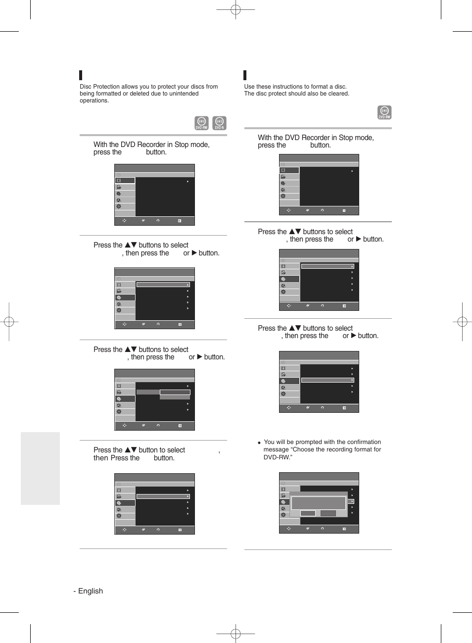 Disc protection, Formatting a disc, English | Editing, Dvd-rw | Samsung DVD-R135 User Manual | Page 80 / 90