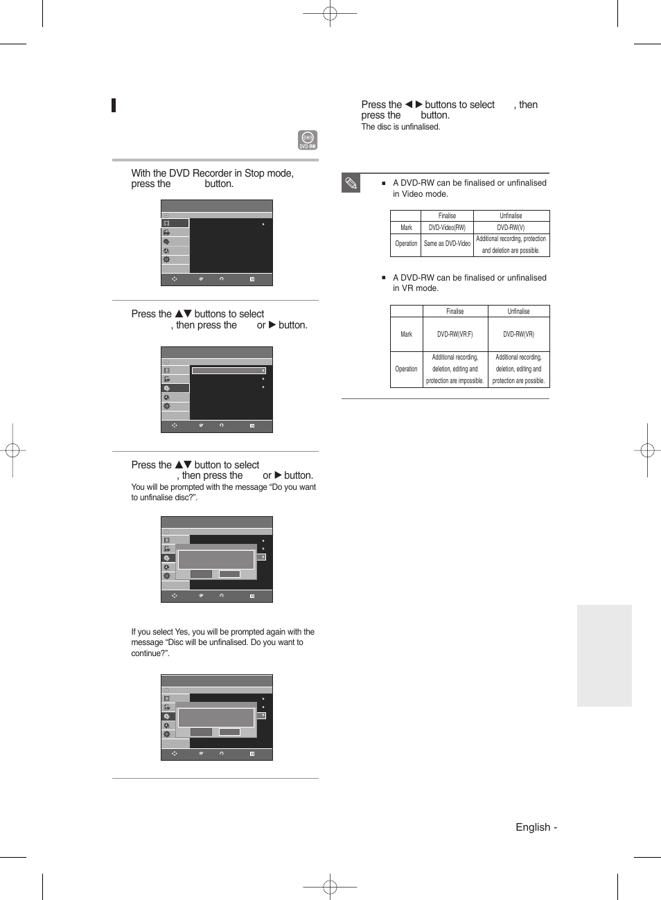 Unfinalising a disc (v/vr mode), English, Editing | Samsung DVD-R135 User Manual | Page 83 / 90