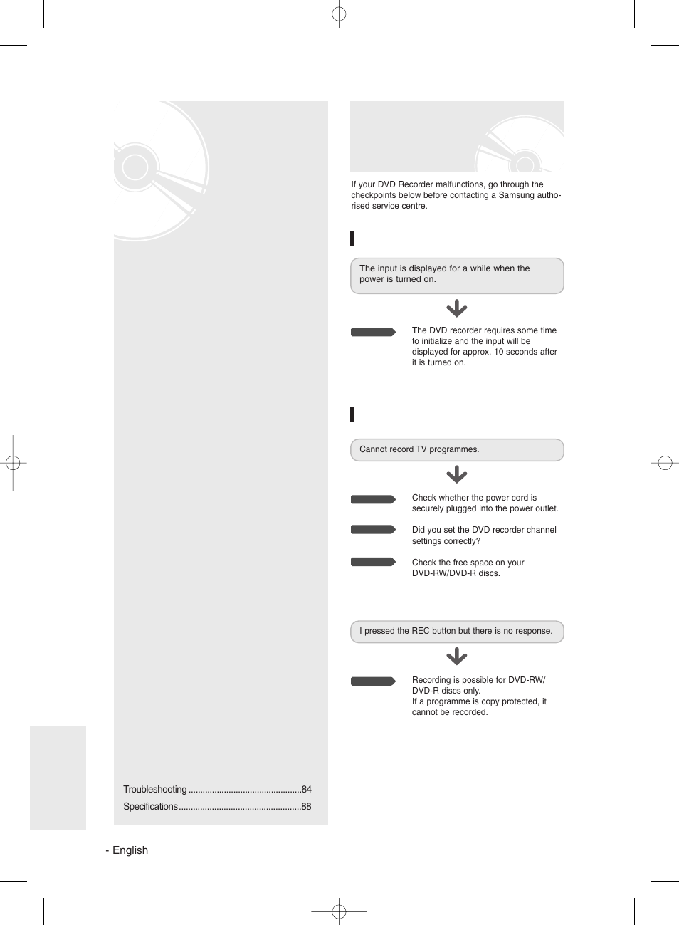 Additional information, Troubleshooting, Power | Recording, Additional i nformation | Samsung DVD-R135 User Manual | Page 84 / 90