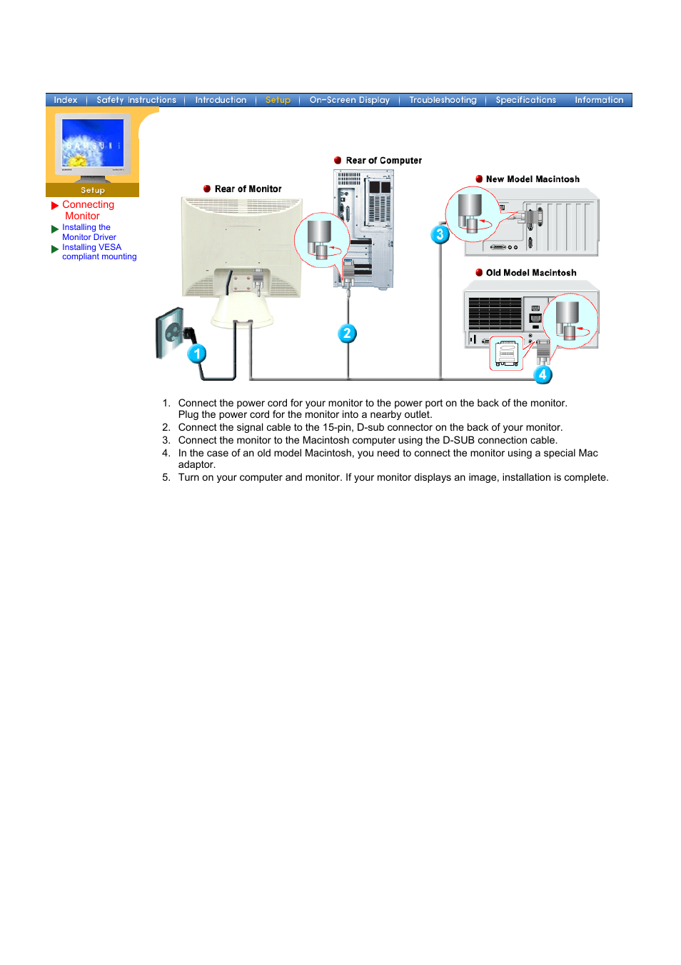Setup, Connecting the monitor | Samsung 153V User Manual | Page 19 / 82