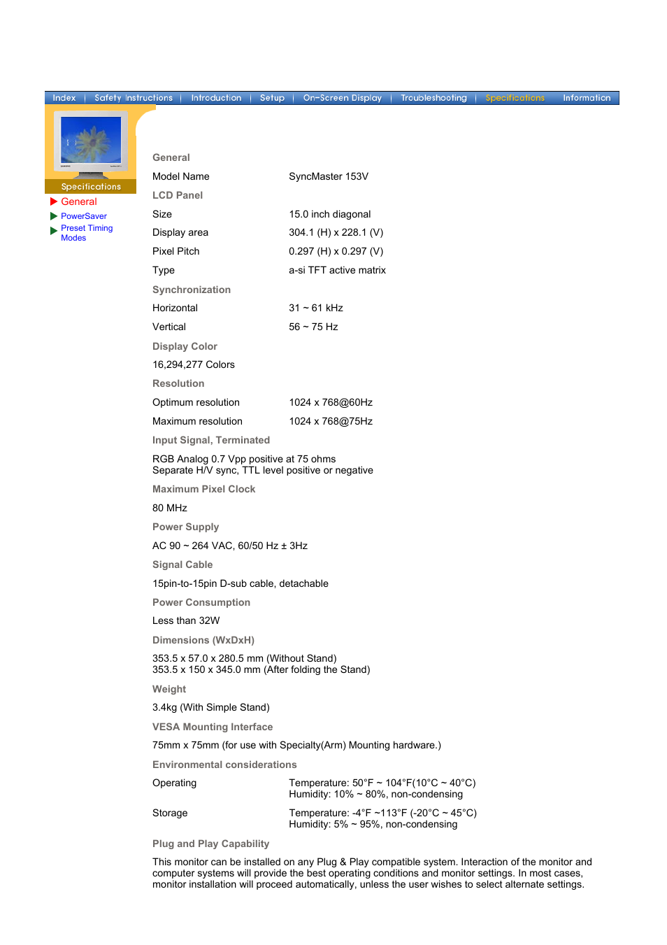 Specifications, General | Samsung 153V User Manual | Page 39 / 82