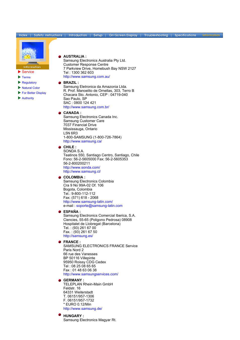 Information, Service | Samsung 153V User Manual | Page 68 / 82