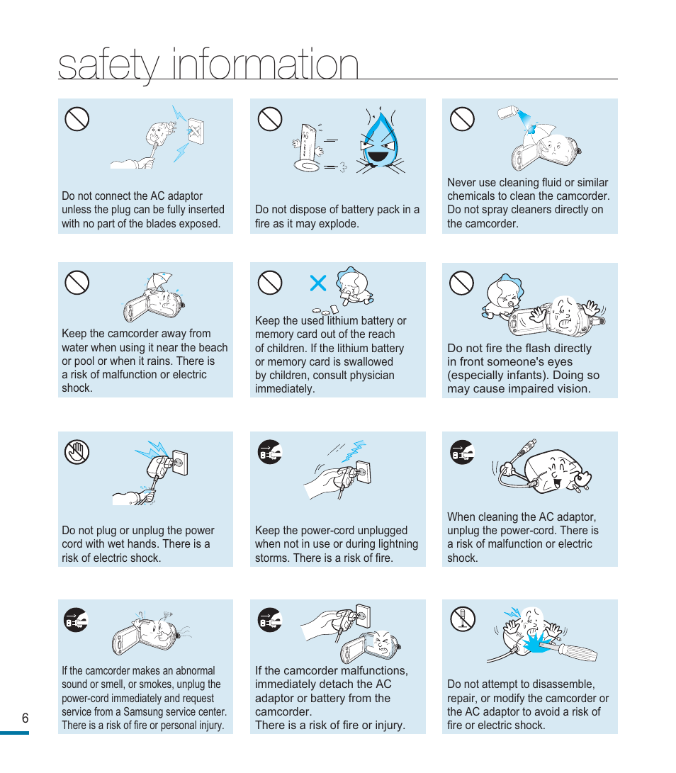 Safety information | Samsung HMX-M20SN User Manual | Page 10 / 147