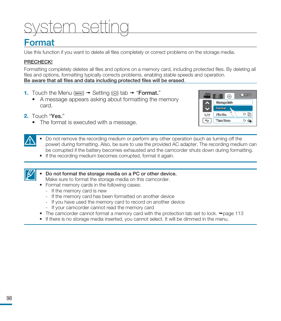 Format, System setting | Samsung HMX-M20SN User Manual | Page 102 / 147