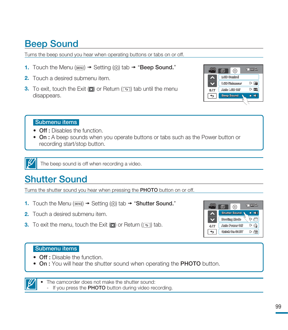 Beep sound, Shutter sound | Samsung HMX-M20SN User Manual | Page 103 / 147