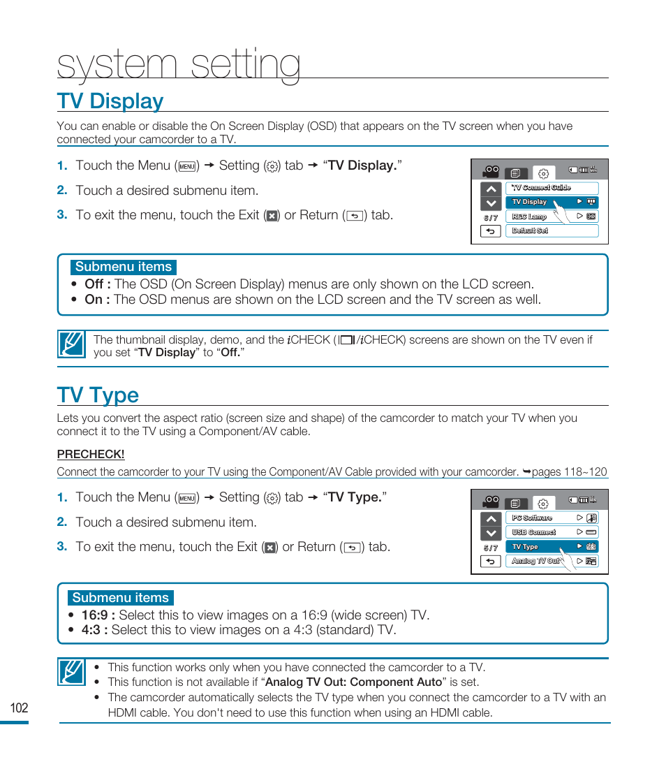 Tv display, Tv type, System setting | Samsung HMX-M20SN User Manual | Page 106 / 147