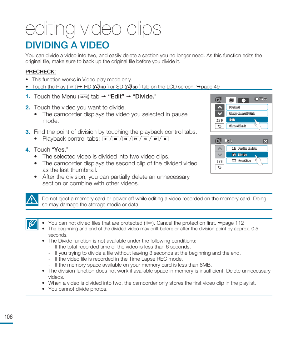Dividing a video, Editing video clips | Samsung HMX-M20SN User Manual | Page 110 / 147