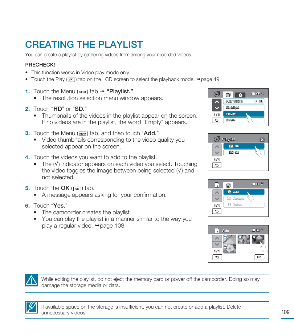 Creating the playlist, Touch the ok | Samsung HMX-M20SN User Manual | Page 113 / 147