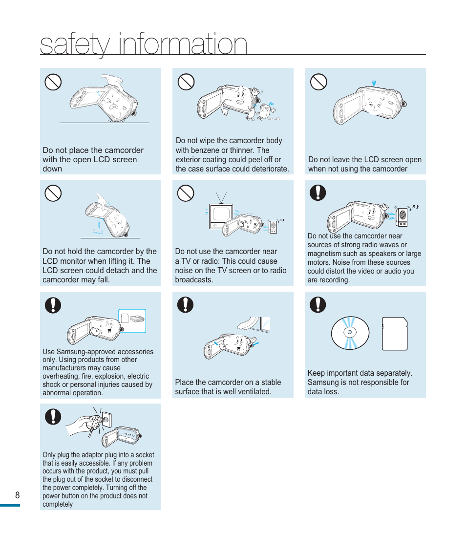 Safety information | Samsung HMX-M20SN User Manual | Page 12 / 147
