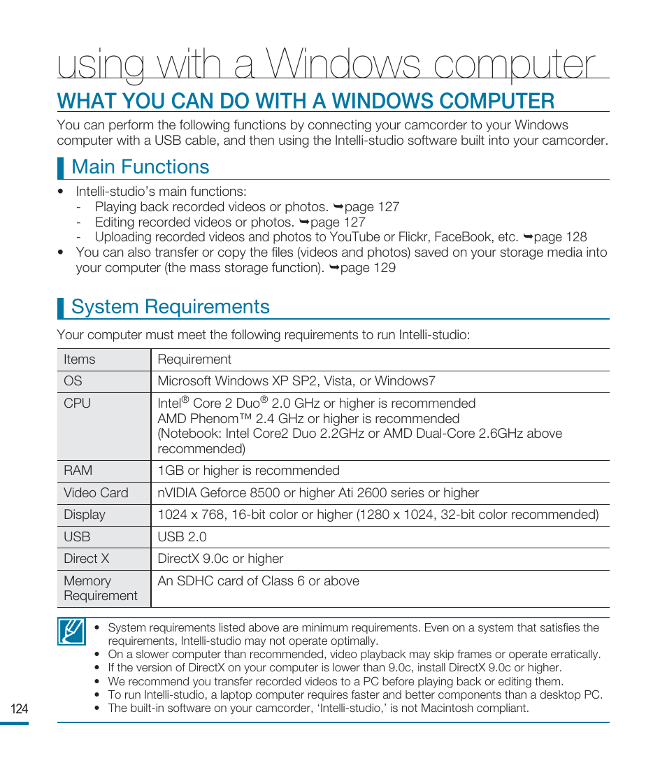 What you can do with a windows computer, Using with a windows computer, Main functions | System requirements | Samsung HMX-M20SN User Manual | Page 128 / 147
