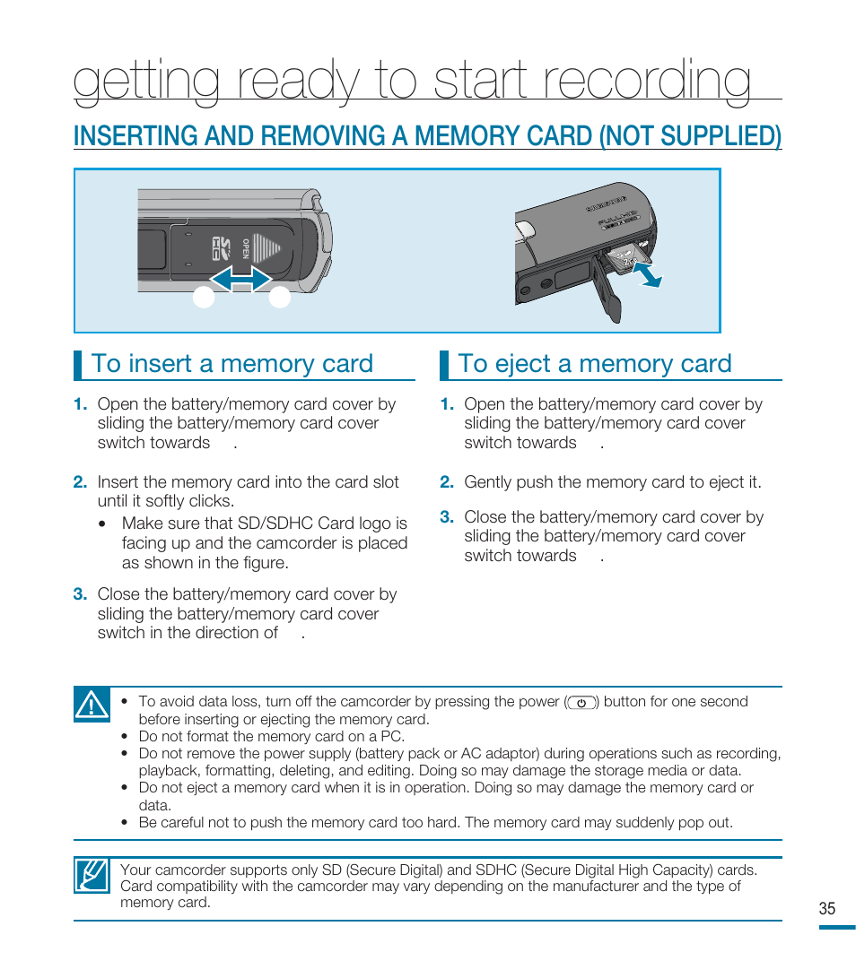 Getting ready to start recording | Samsung HMX-M20SN User Manual | Page 39 / 147