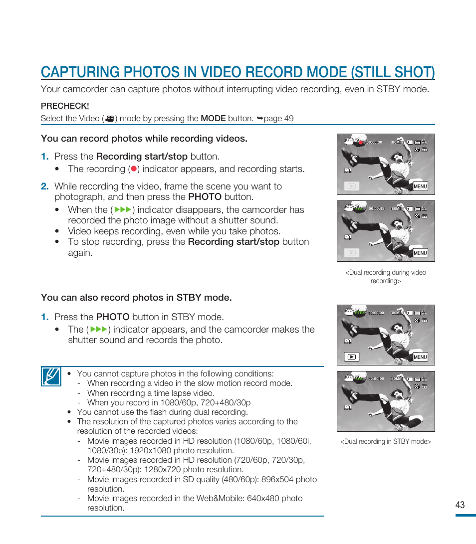 Capturing photos in video record mode (still shot) | Samsung HMX-M20SN User Manual | Page 47 / 147